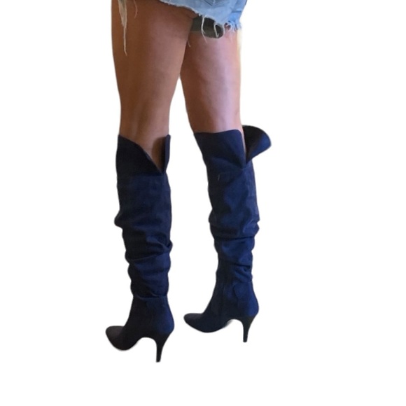 Navy blue slouchy knee high faux suede boots pointed toe like new 8 - Picture 6 of 13